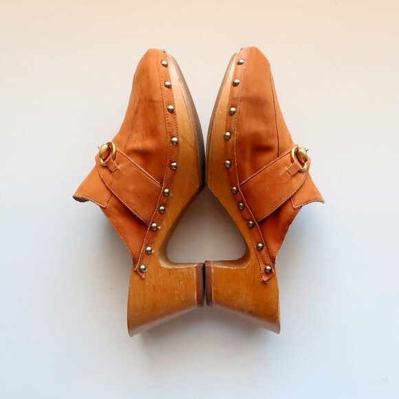 Rangonii of Florence Italian Tan Leather Gold Horse-bit Wooden Clogs / Mules 9 - Picture 14 of 16
